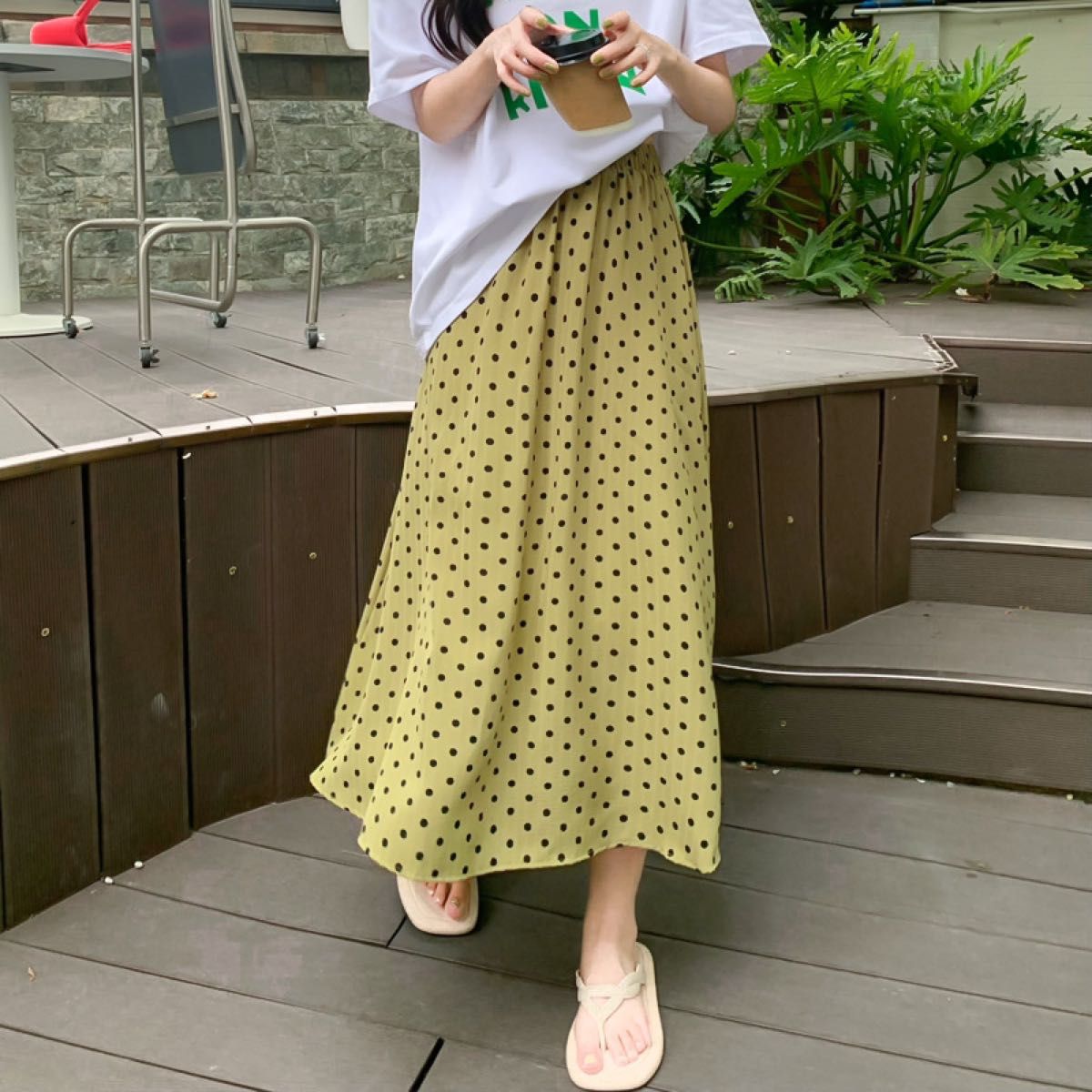ドット柄 ロング スカート 春夏服 ボトムス グリーン オシャレ