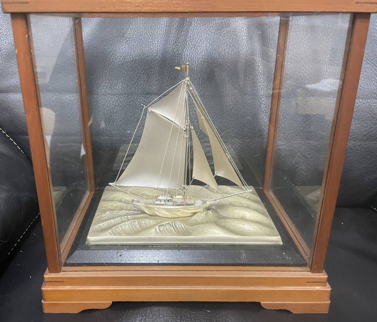 o14 純銀製SILVERヨット船帆船置物ガラスケースシルバーSILVER伝統工芸 