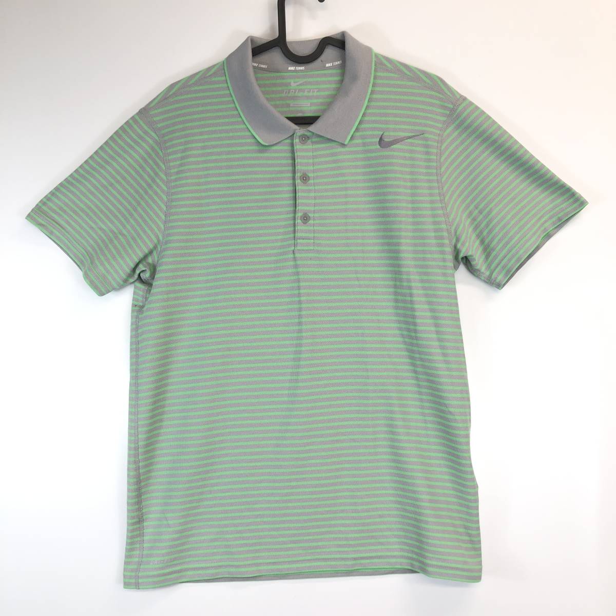 NIKE TENNIS ナイキテニス ポロシャツ Mサイズ グレー グリーン ボーダー メンズ 523095