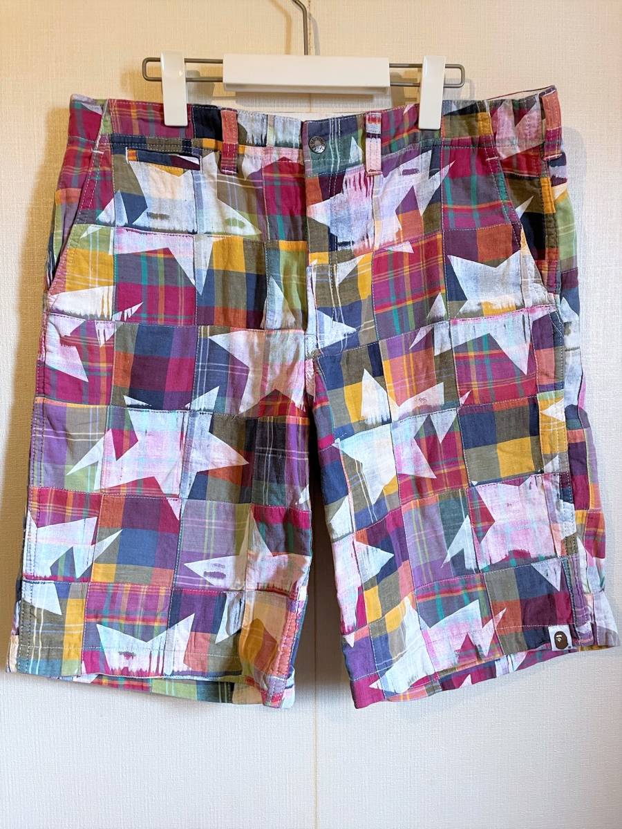 希少 A BATHING APE 00s archive OG BAPE スター×パッチワーク チェック ショーツ ショートパンツ L 美品 BAPE STA PATCHWORK SHORTS Y2K