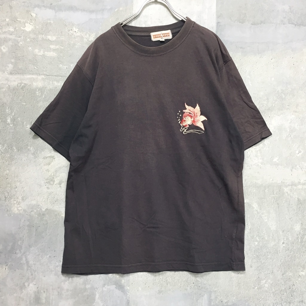 ◆お洒落な逸品◆CROSSKEYS 半袖Tシャツ 刺繍 和柄 コットン100％ ブラック M メンズ D15 ｃ5264_画像1