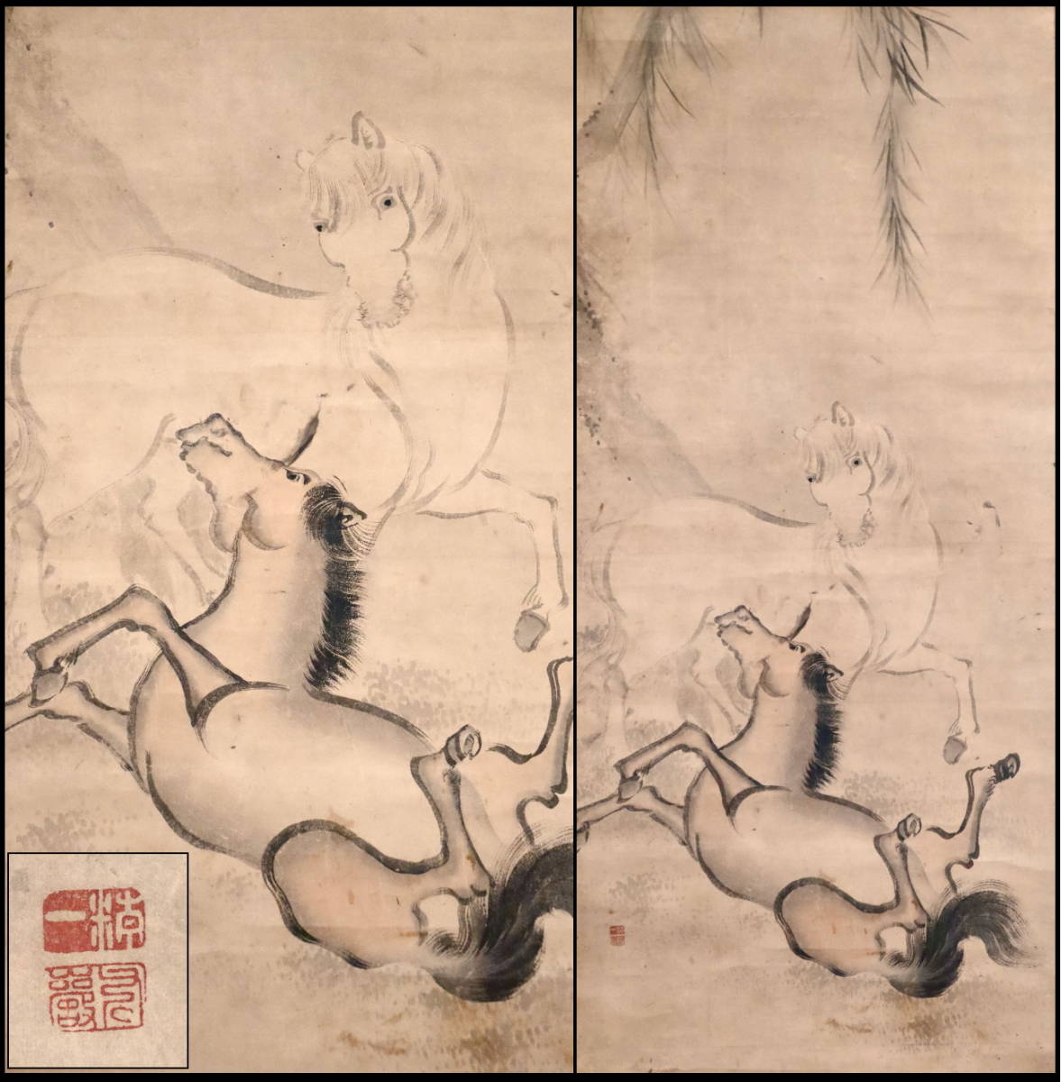 【模写】島根画家 『堀江友声』 双馬図　掛軸　紙本　合箱　堀江友聲　出雲　松江
