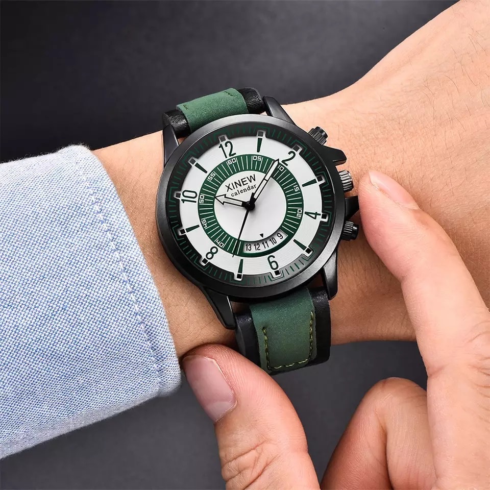 腕時計　ツートン アナログ メンズ クォーツ 時計 高品質 レザー ファッション時計 オシャレ ウォッチ ブラックグリーン　男女兼用_画像2