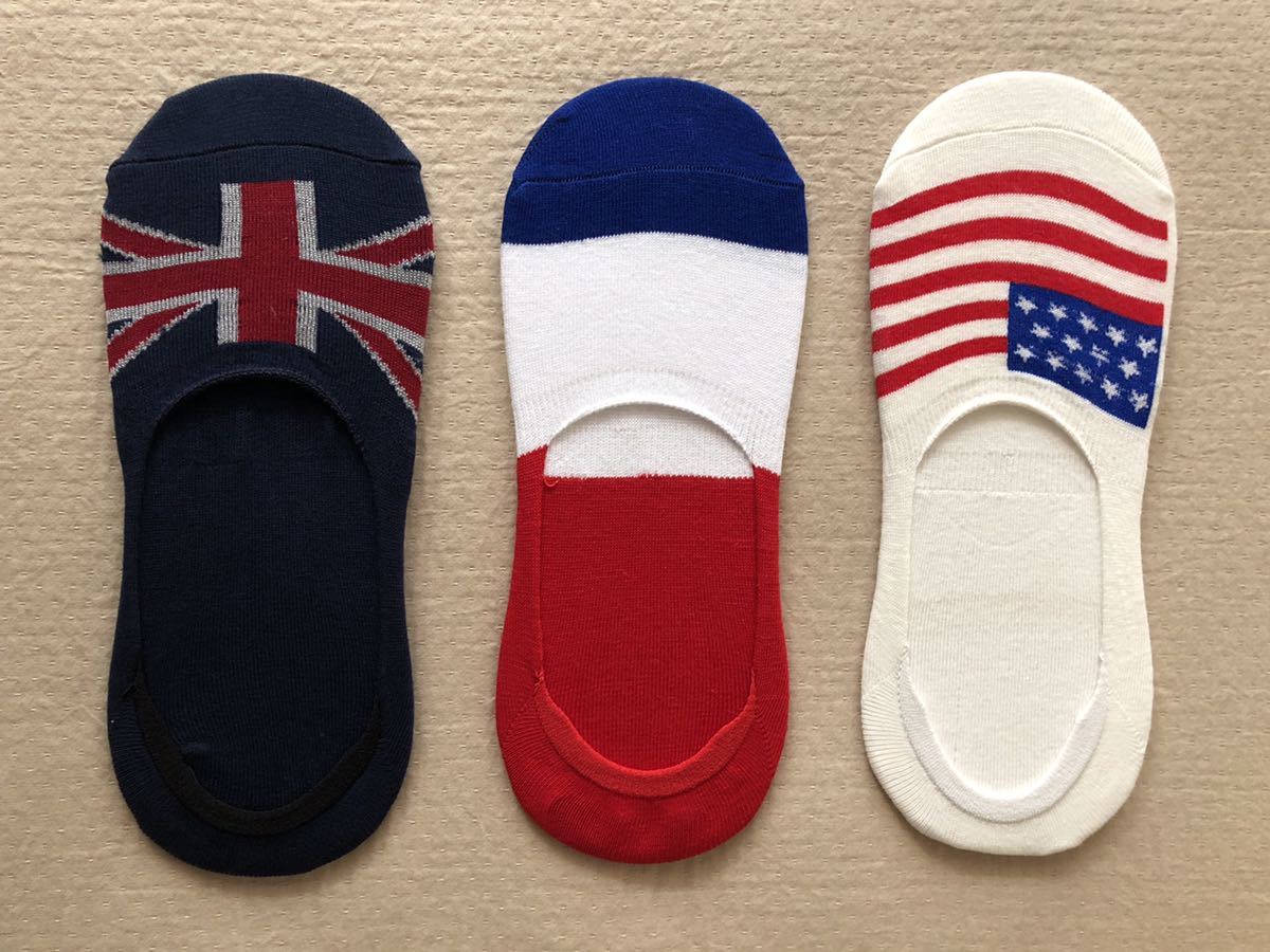 稀少！ アメリカ　フランス　イギリス国旗 ソックス　靴下　 カリスマ　　男女兼用　綿 インソックス　サイズ24～26.5cm 3足組_画像1