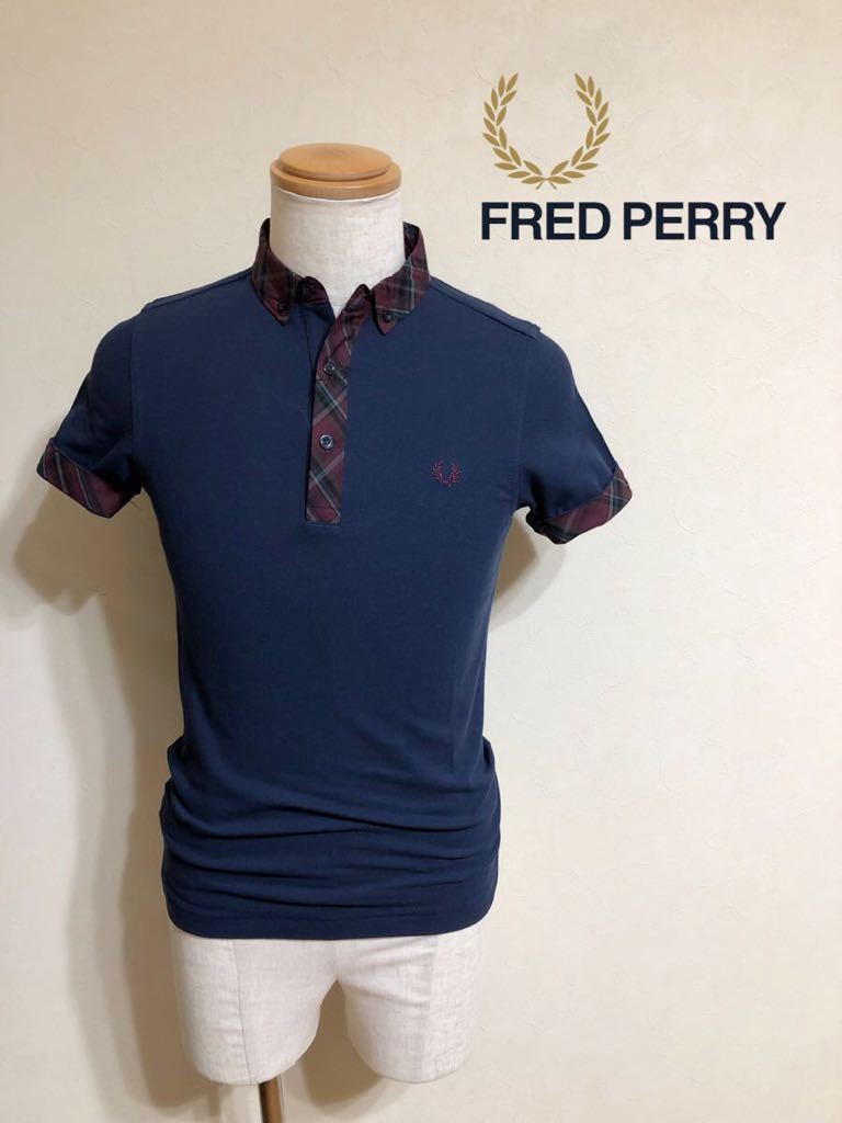 【新品】 FRED PERRY フレッドペリー ボタンダウン 鹿の子 ポロシャツ トップス サイズXS 半袖 スリムフィット ヒットユニオン ネイビー