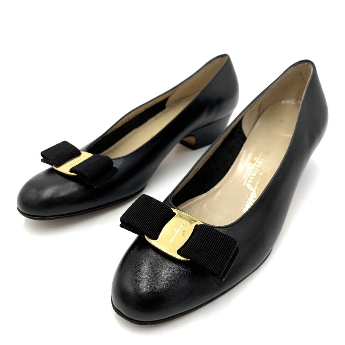 Z ＊ 美品 イタリア製 '高級婦人靴' Salvatore Ferragamo サルヴァトーレフェラガモ 本革 ヴァラリボン / ヒール パンプス 6C 23cm 黒