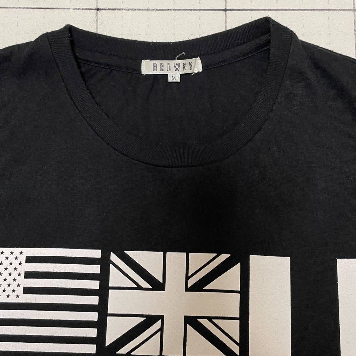 良品 ブラウニー【BROWNY】半袖Tシャツ 歴史的な世界の国旗イラスト ロゴ Mサイズ ブラック×ホワイト/黒白 バイカラー ブラジル カナダの画像3