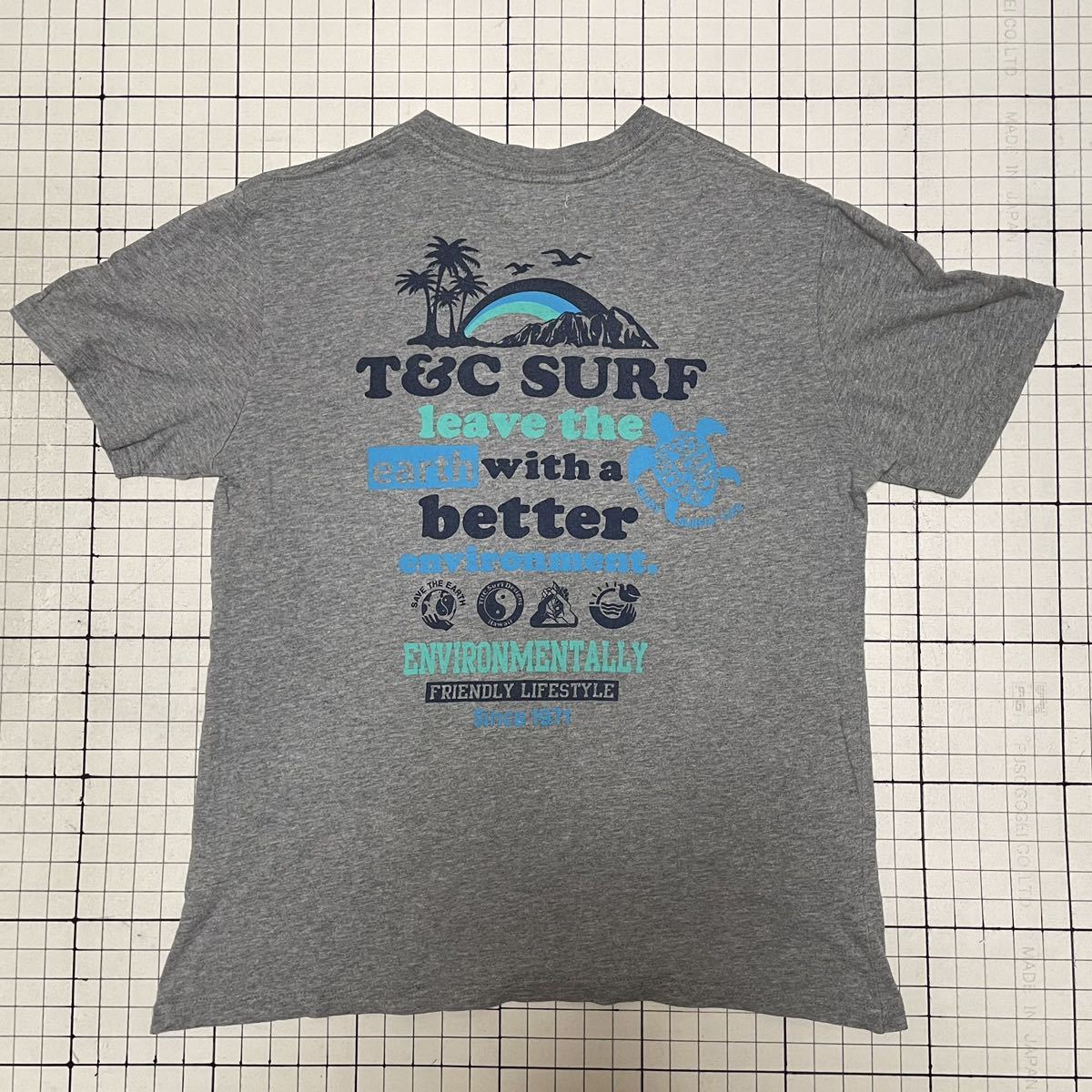 タウン&カントリー【T＆C】surf 半袖Tシャツ バックビックロゴ Mサイズ タウカン ティーアンドシー グレー×グリーン/緑青 レディース？