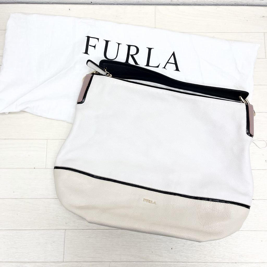 1044◎ イタリア製 FURLA フルラ バッグ 鞄 ハンド ファスナー ワンポイント ロゴ ホワイト ベージュ レディース_画像1