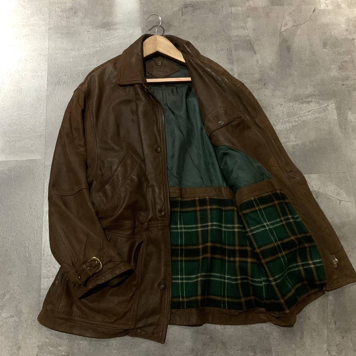 O ☆ 至高の一品'高級ラグジュアリー服'『dunhill』極上!!ラムレザー コート 裏地 チェック柄 size:S メンズ アウター 羊革 BRN ダンヒル_画像1