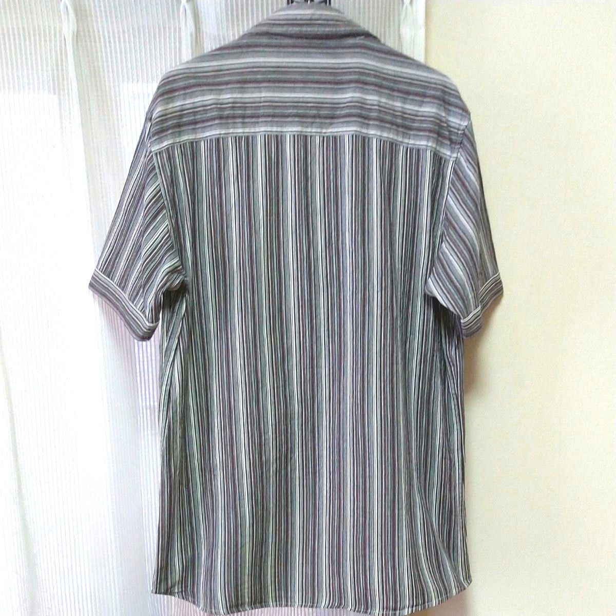 VILLAND メンズ LL マルチカラー ストライプ 半袖 フルジップシャツ