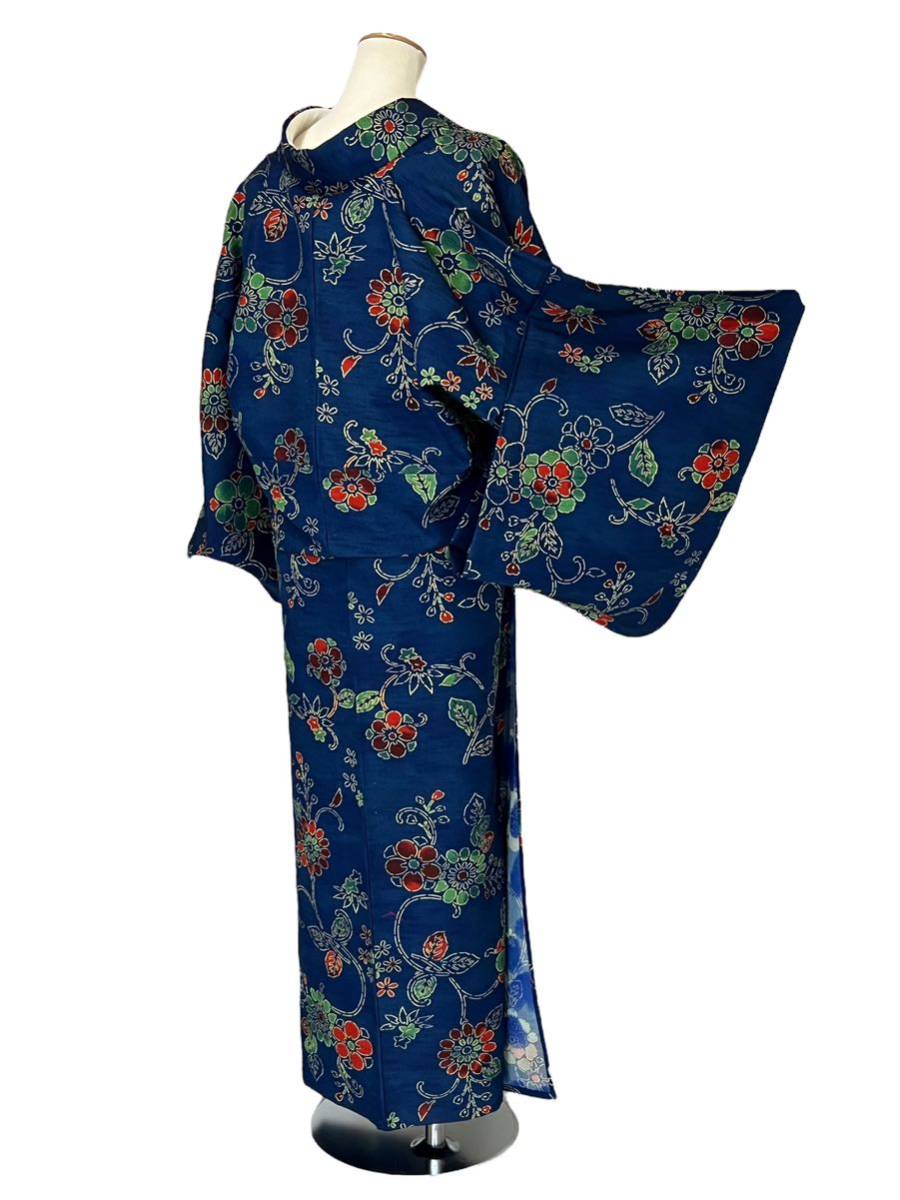 小紋 単衣 単衣着物 紬 着物 きもの カジュアル着物 リサイクル着物 kimono 中古 青 ブルー 仕立て上がり 身丈164cm 裄丈64cm_画像4