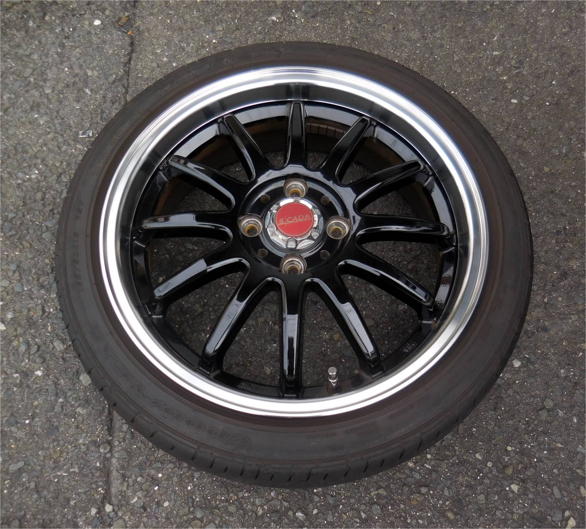 値下げ●S CADA エスカーダ 16×5.5J (48) 4H PCD100 ブラックPO バリ山 グッドイヤー 165/50R16 軽自動車 S/CADA ムーブ タント ミラ●_画像2