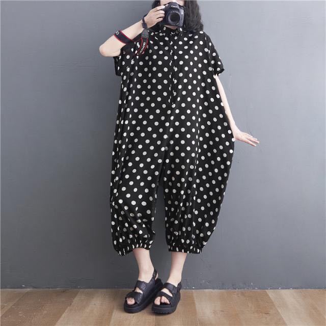  lady's overall spring summer ream body clothes easy monkey L thin large size dot pattern 9 minute height LPDA158( free )