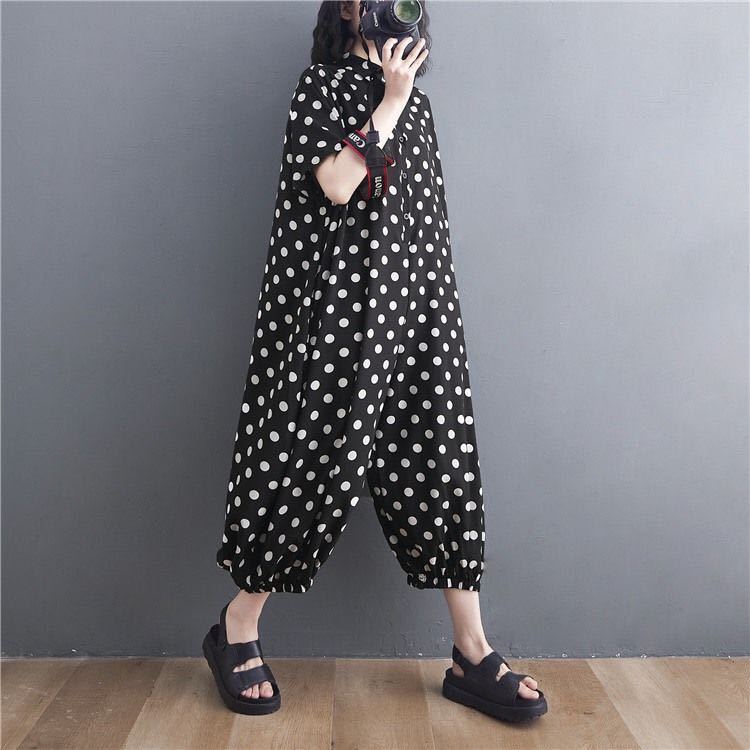  lady's overall spring summer ream body clothes easy monkey L thin large size dot pattern 9 minute height LPDA158( free )