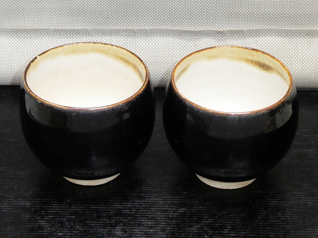 ●天目釉 京焼 木村盛伸 湯呑 2点 煎茶碗 茶道具 茶器 時代物 印在●_画像1