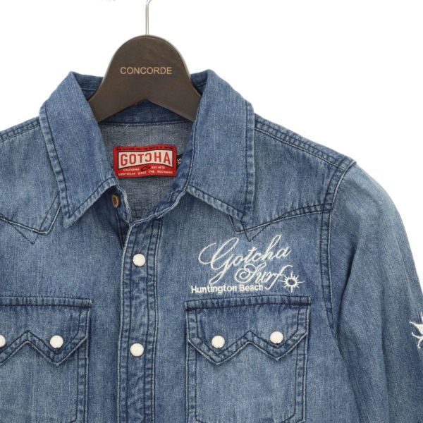 GOTCHA Gotcha через год [ Logo вышивка цельный ] длинный рукав Western Denim рубашка Sz.XS мужской Surf C3T05743_6#C