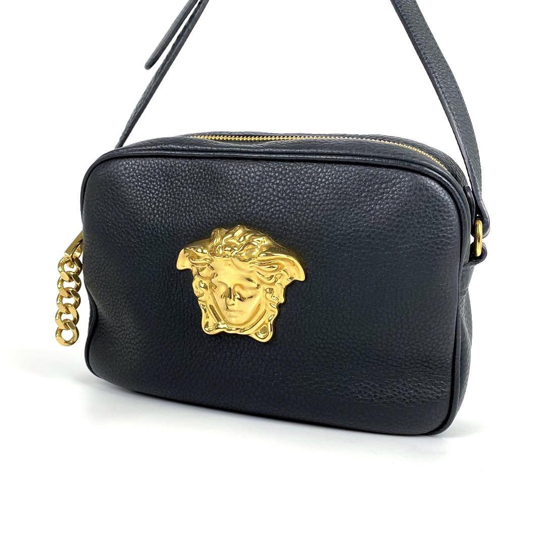 極美品■VERSACE ヴェルサーチ メデューサ ショルダーバッグ ゴールド金具 クロスボディ レザー ブラック系 カメラバッグ サンバースト