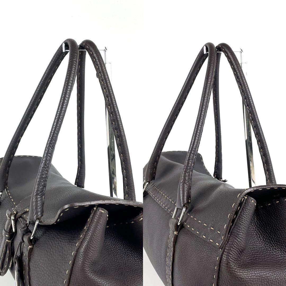 美品■FENDI フェンディ Selleria セレリア リンダ ハンドバッグ ミニボストン カーフレザー ステッチ ダークブラウン シボ革 保存袋付属