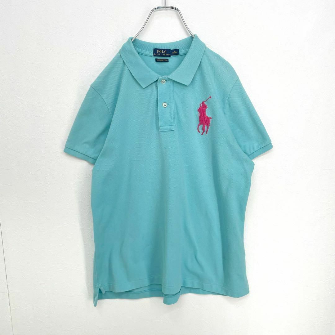 ポロラルフローレン　ビッグポニー刺繍　スキニー　半袖ポロシャツ　水色　レディース　XLサイズ　Polo Ralph Lauren