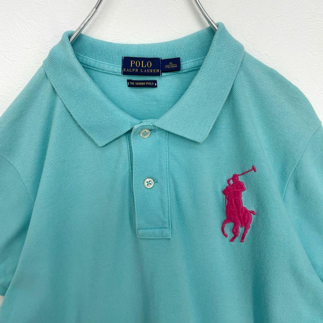 ポロラルフローレン　ビッグポニー刺繍　スキニー　半袖ポロシャツ　水色　レディース　XLサイズ　Polo Ralph Lauren_画像3