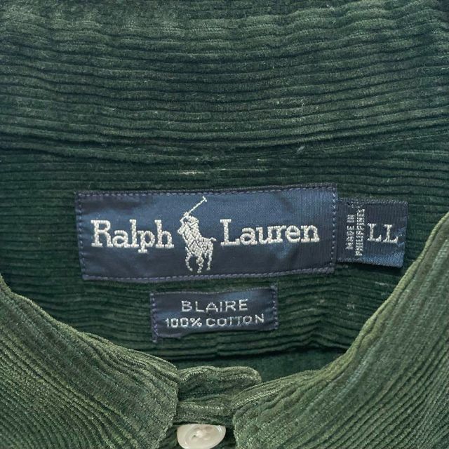 【当時物】ポロラルフローレン　コーデュロイ　ポニー刺繍　長袖シャツ　緑　メンズ　LLサイズ　Polo Ralph Lauren