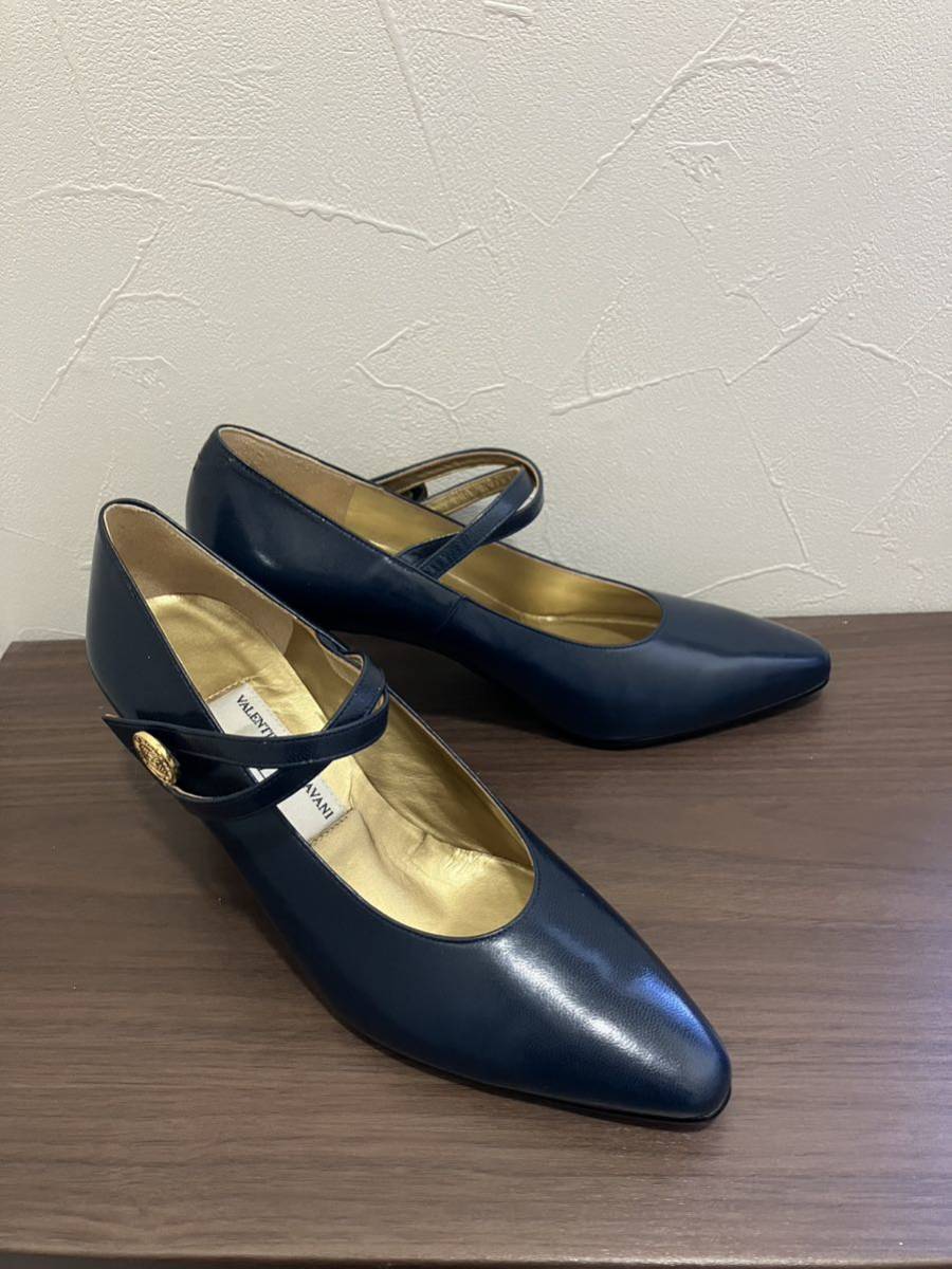  прекрасный товар Valentino Garavani S размер золотой кнопка ремешок обувь каблук туфли-лодочки темно-синий Gold темно-голубой кожа натуральная кожа женщина super модель 