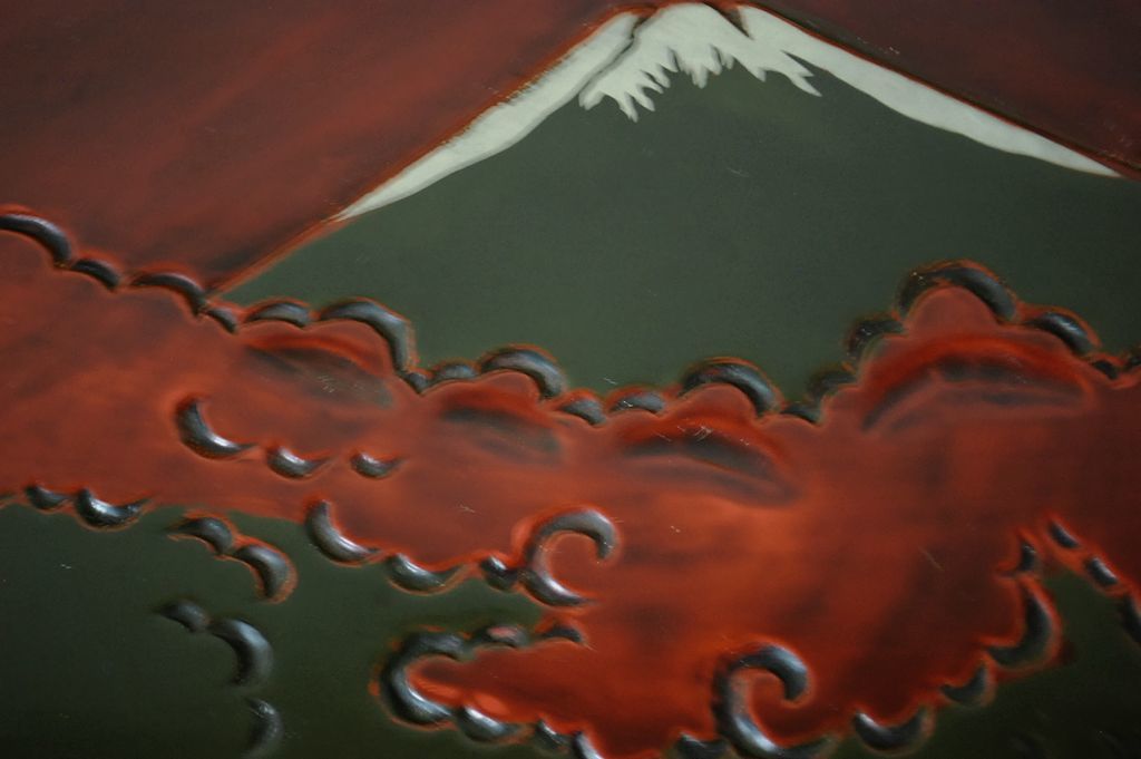 霊峰富士　彫刻　螺鈿　鳥　木製塗り　大皿　五枚　ＨＦ30F5-F9_画像9
