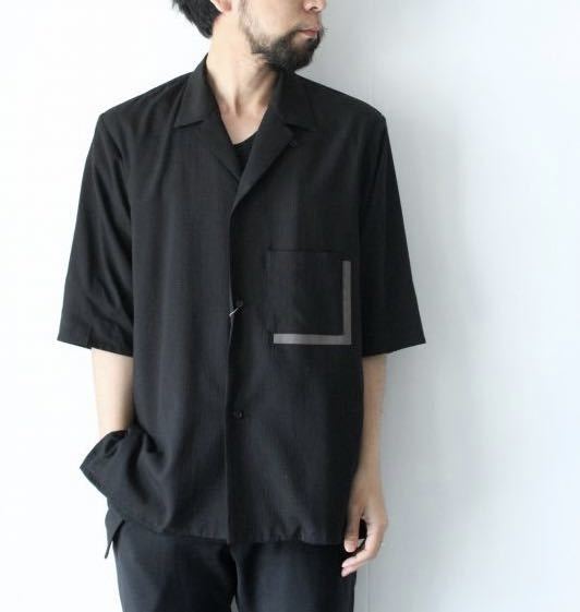 ETHOSENS エトセンス イタリアンカラーシャツ オープンカラー シアサッカー調 ズレポケデザイン 半袖シャツ サイズ2 ブラック