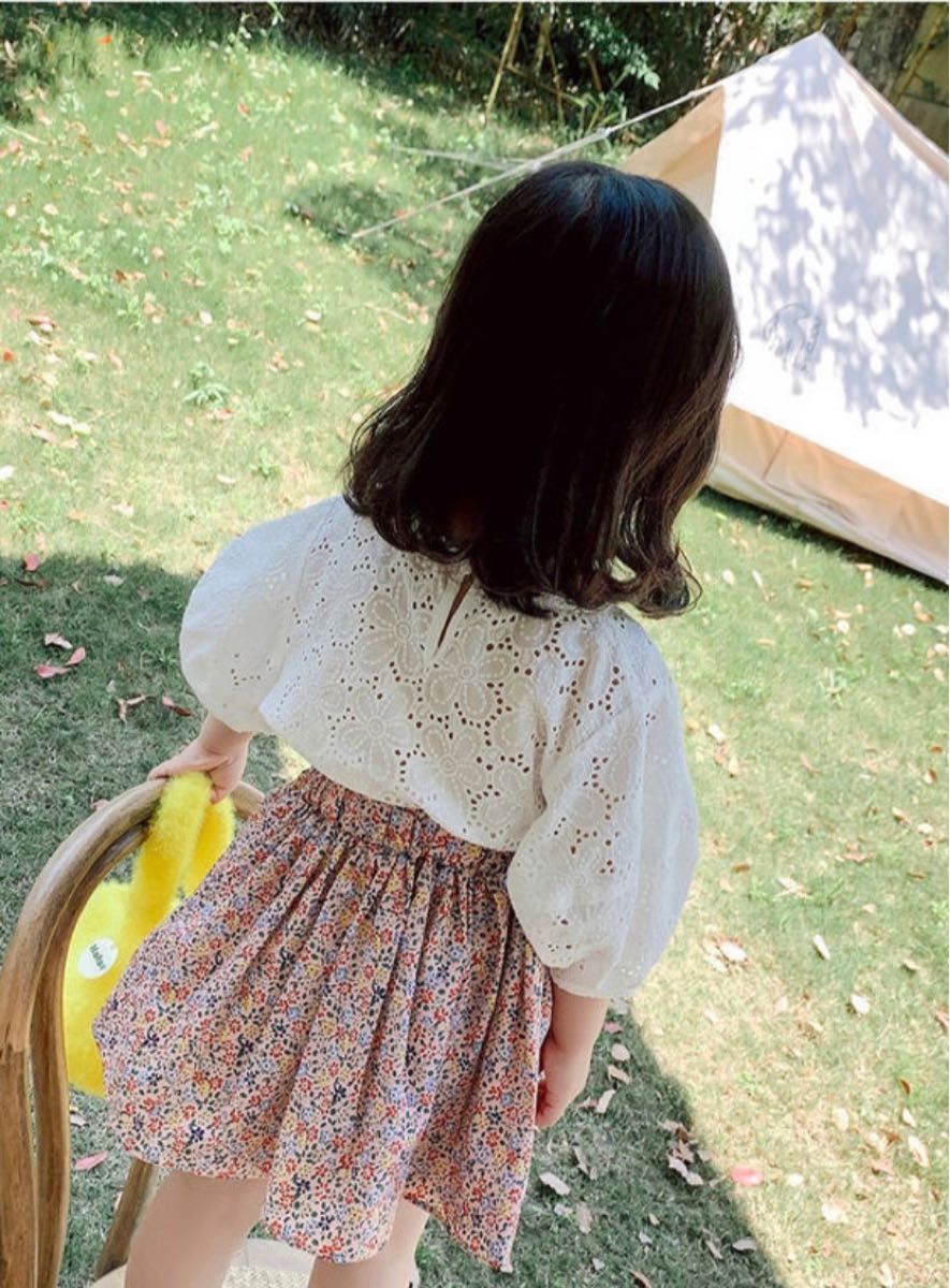 セットアップ　上下　女の子　パフスリーブトップス　スカート　花柄　お出かけ用　子供服 白　ホワイト　レース　ツーピース　かわいい