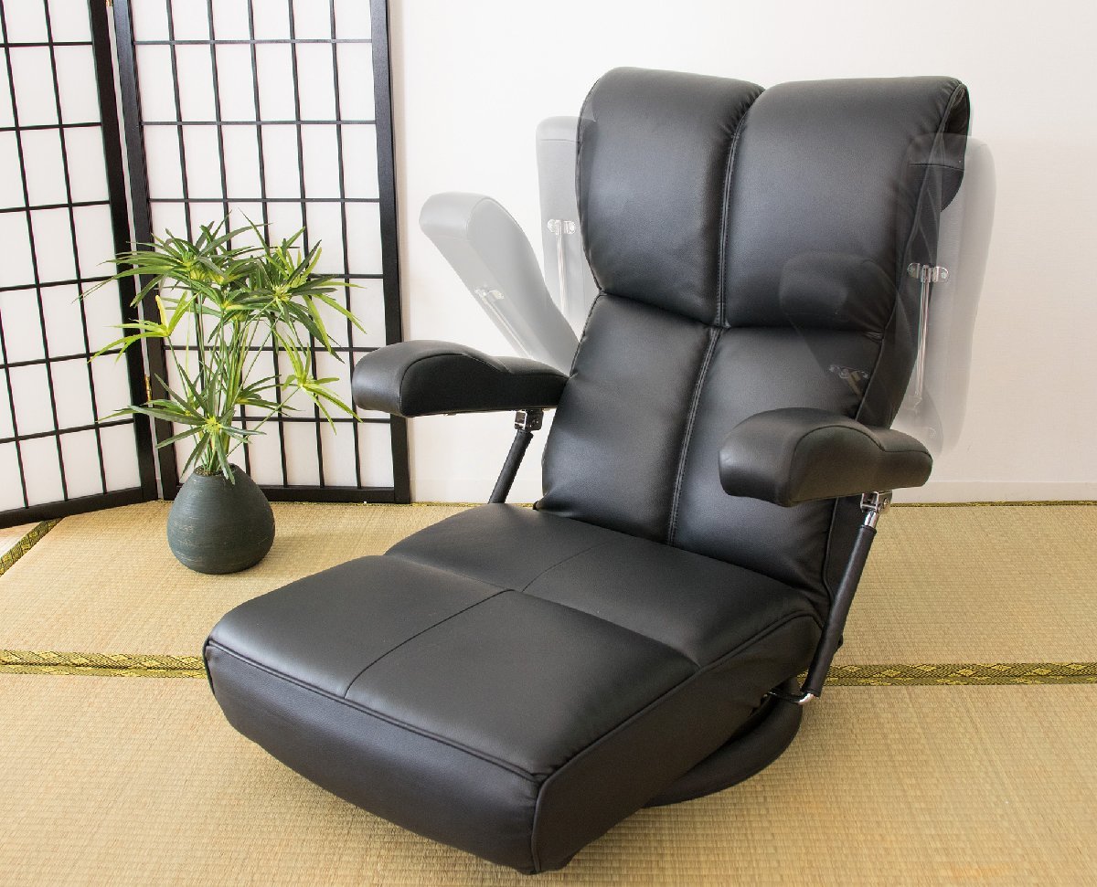 触り心地の良いスーパーソフトレザーの張地のハイバック座椅子 ブラック色　日本製　肘付き　回転_画像1