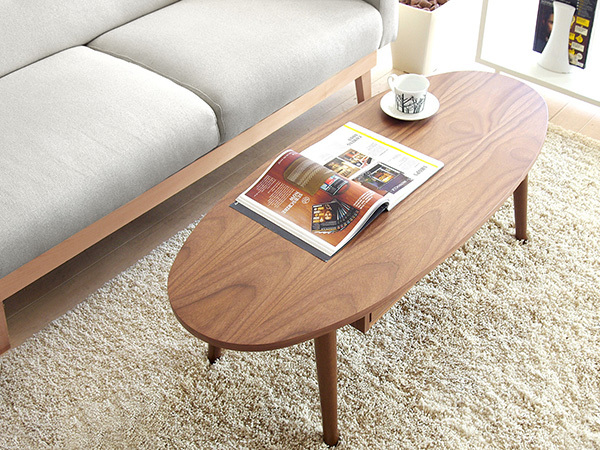 期間限定特別価格　テーブル　ローテーブル　木製　引出付き　楕円形　たまご型　センターテーブル Coln（コルン）幅110cm ブラウン色