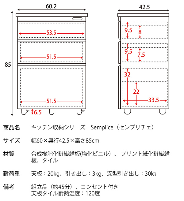 キッチン収納シリーズ チェストタイプ レンジ台 カウンター キャスター付き ホワイト Semplice（センプリチェ）_画像3