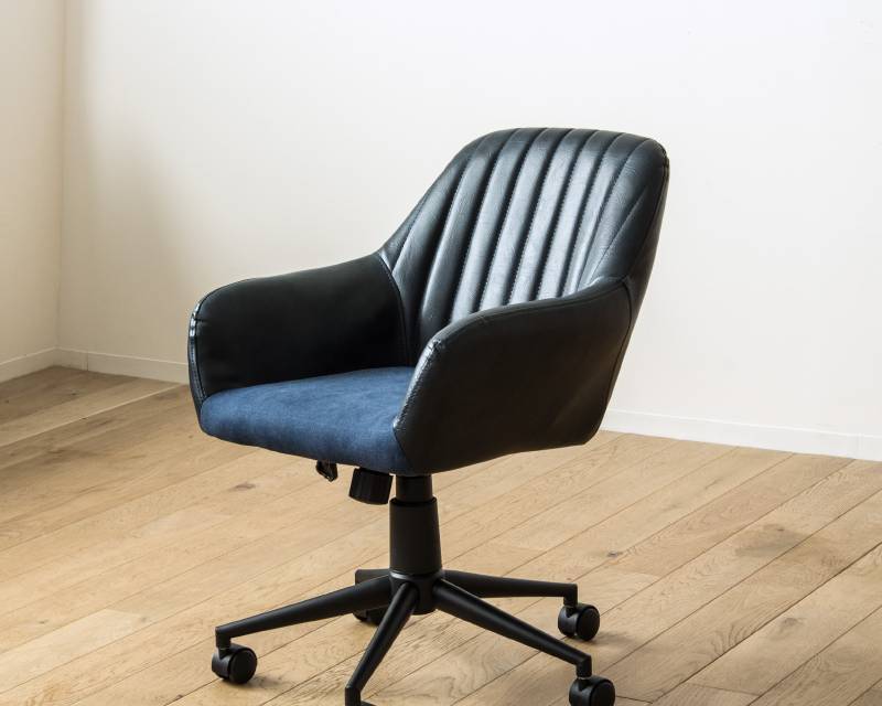 デスクチェア パソコンチェア 事務椅子 チェア 肘付き 合成皮革 回転 ガス昇降 ヴィンテージデザイン オフィスチェア　ネイビー色