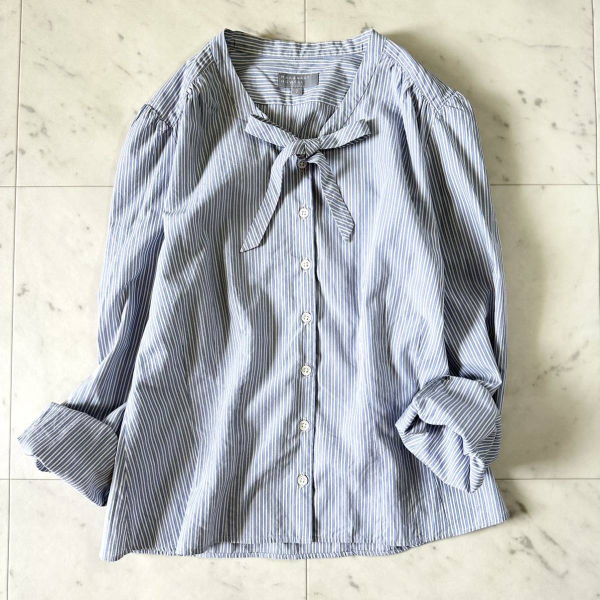 専門店では 美品♪マーガレットハウエル ストライプ リボンブラウス