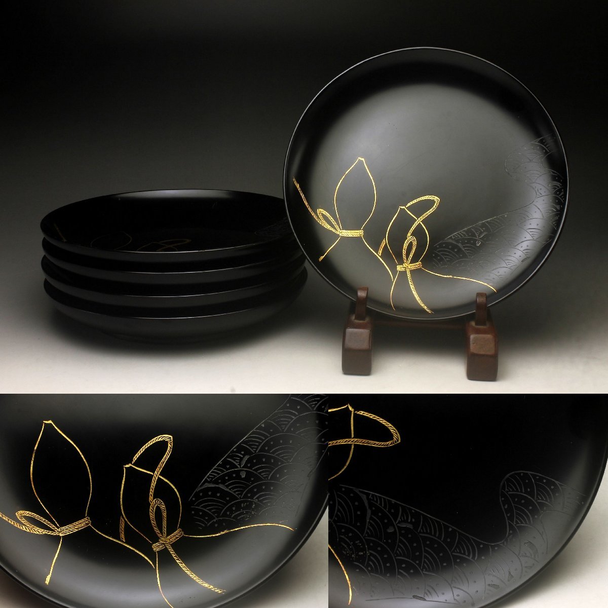 余韻】 時代物輪島塗天然木製波瓢箪文沈金付銘々盆揃(5枚)☆茶道具