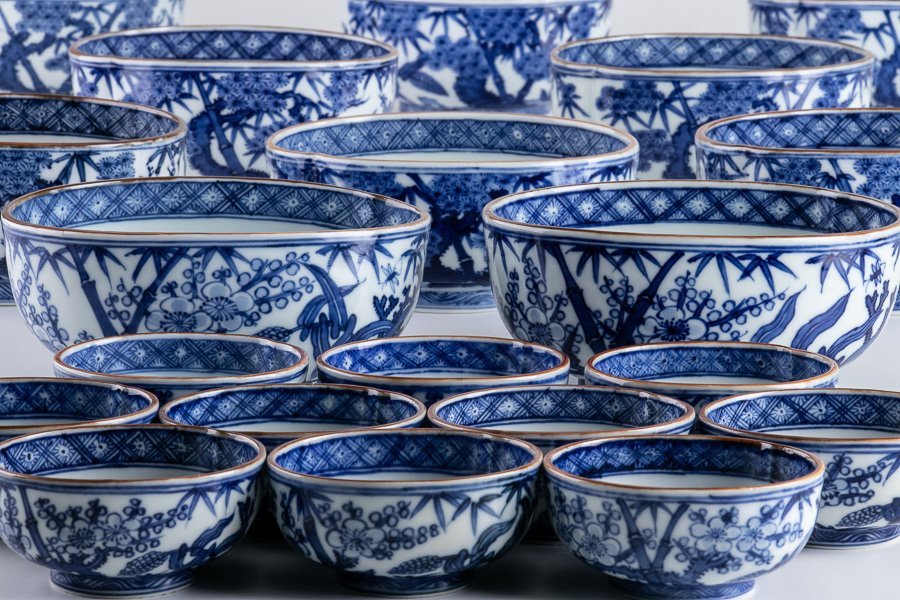 京焼】『 祥瑞写 染付松竹梅文小判形向付 小皿 20客セット 箱付 16443