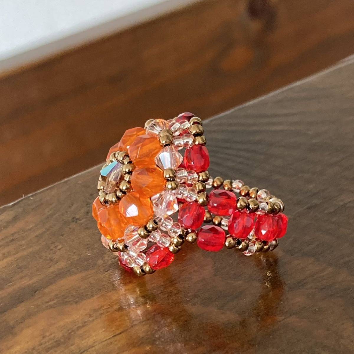 14-16 number beads ring ring hand made orange . red. dome type ring 