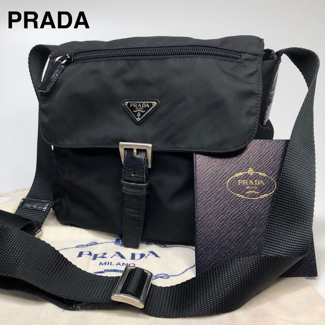 無料発送 ショルダーバッグ 黒 PRADA 三角ロゴ テスートナイロン