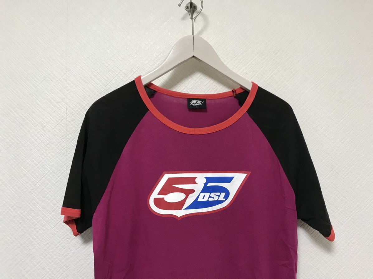 本物ディーゼルDIESEL 55DSLコットンロゴプリントラグラン半袖TシャツメンズアメカジサーフミリタリービジネススーツLピンク黒ブラック