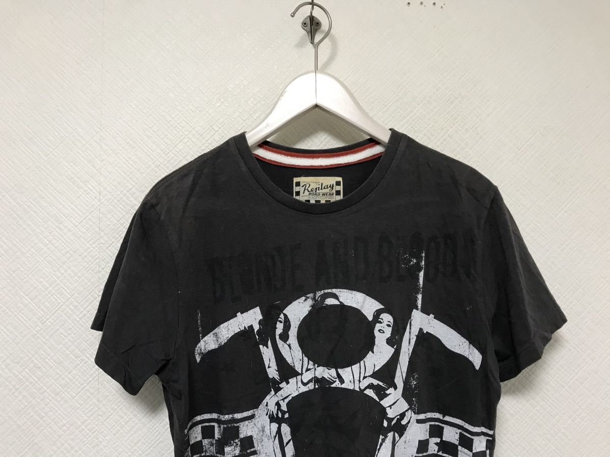 本物リプレイREPLAYコットンロゴプリント半袖TシャツメンズアメカジサーフミリタリービジネスバイカーグレーM