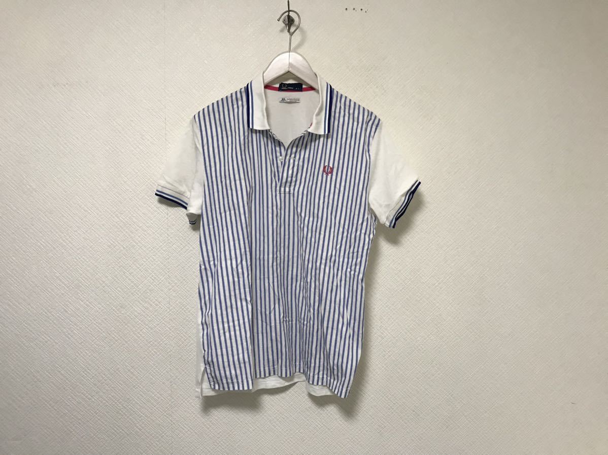  genuine article Fred Perry FRED PERRY cotton shirt stripe pattern polo-shirt with short sleeves men's Surf American Casual military business suit Golf white L made in Japan 