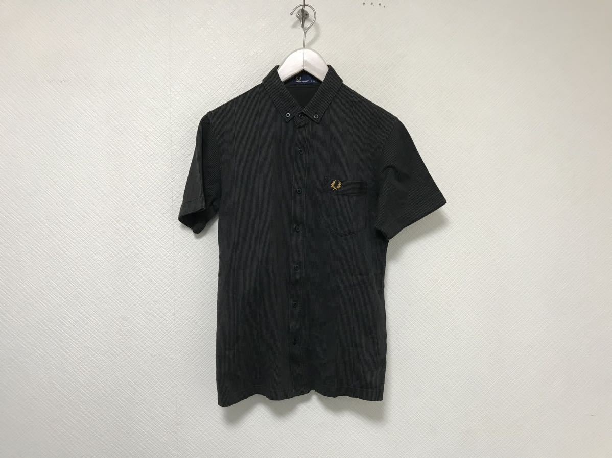 本物フレッドペリーFREDPERRYコットンストライプ柄半袖シャツメンズサーフアメカジミリタリービジネススーツストリートM日本製茶黒ブラウン