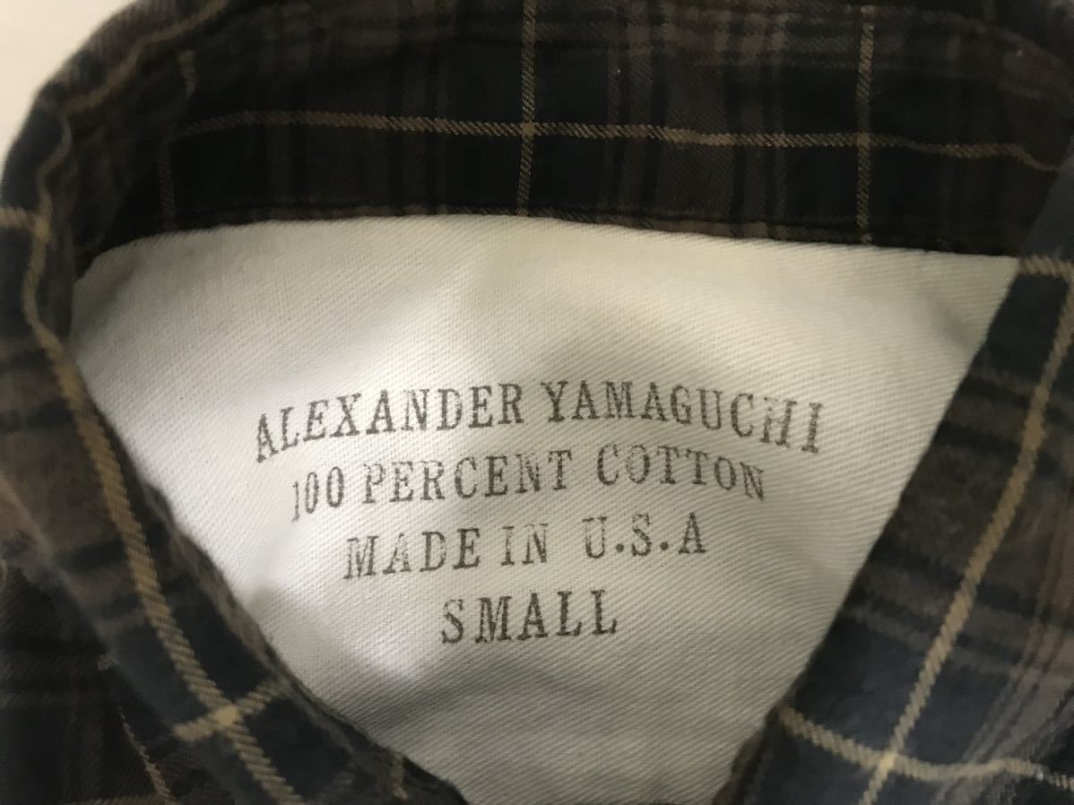 本物アレキサンダーヤマグチALEXANDER YAMAGUCHIコットンチェック柄長袖シャツメンズサーフアメカジビジネススーツSアメリカ製茶