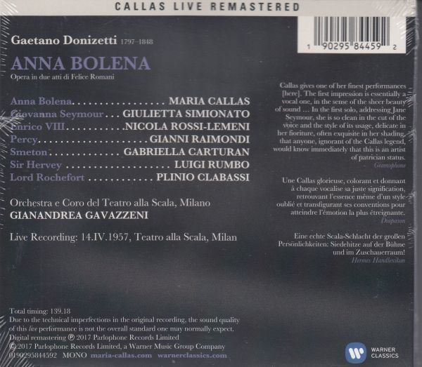 [2CD/Warner]ドニゼッティ:歌劇「アンア・ボレーナ」全曲/M.カラス&G.シミオナート他&G.ガヴァッツェーニ&スカラ座管弦楽団 1957.4.14_画像2