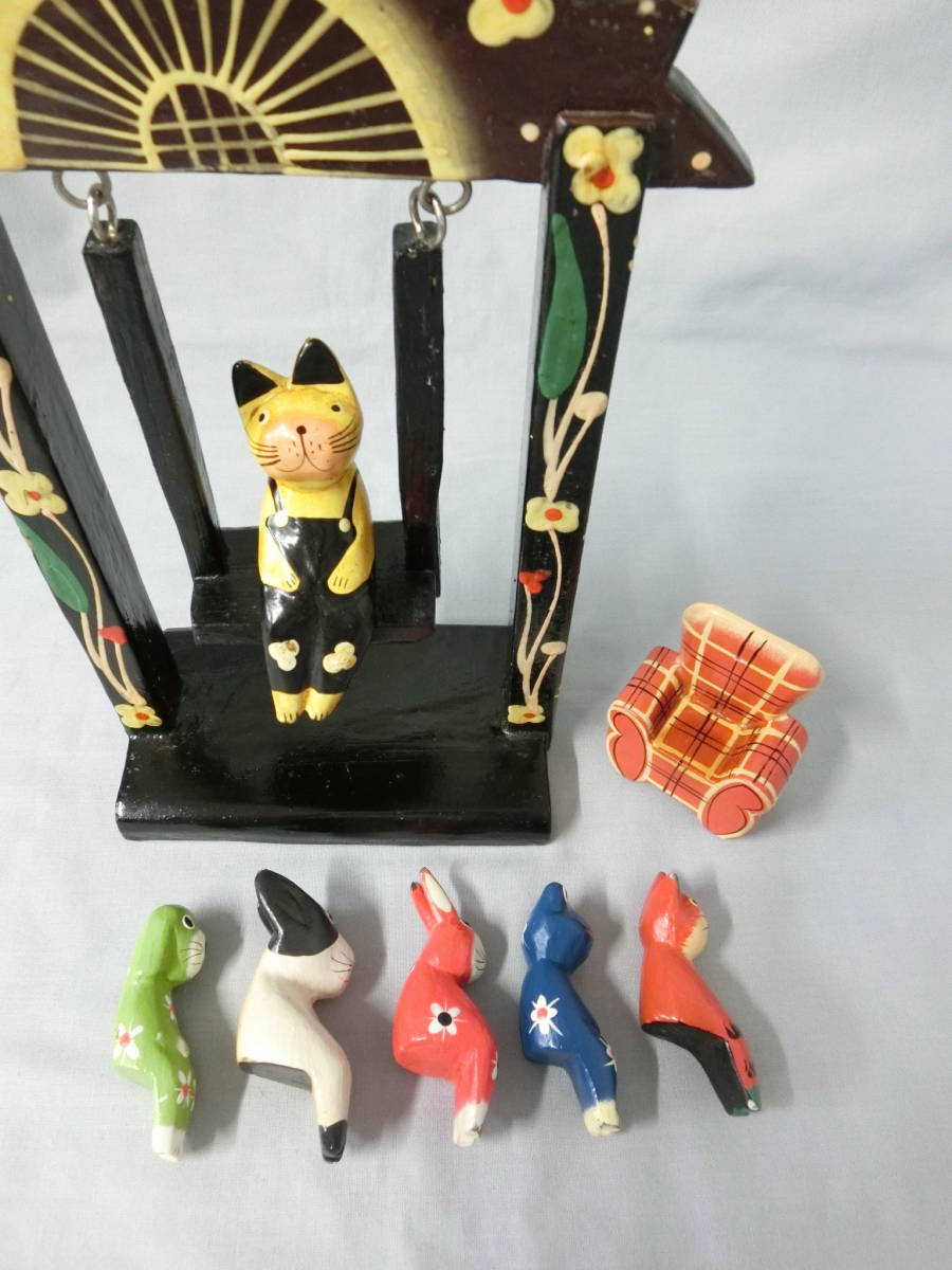 バリ　ブランコに乗ったネコ　と　木彫りの人形セット　置物　お土産　アジアン　オリエンタル　インドネシア　オブジェ　民芸品_画像9