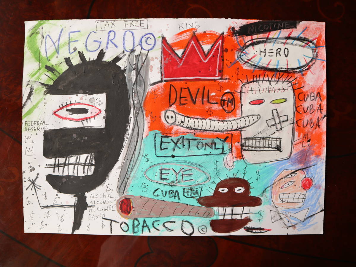 送料無料★ジャン＝ミシェル・バスキア Jean-Michel Basquiat★タイトルTABACCO★模写★販売証明書★混合メディア画