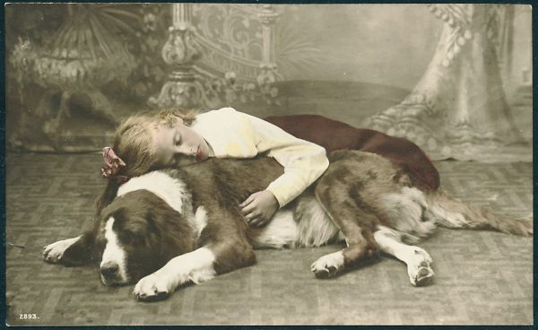 アンティーク・ポストカード 『犬＊写真＊犬と可愛い少女 Ｃ＊1913年