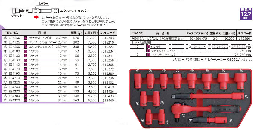 Pro-Auto プロオート★絶縁工具セット 1/2"DR 15PC P-E415A●EN60900 IEC60900適合規格_画像2