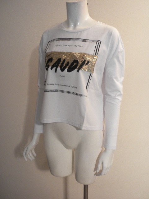 特価！新品2023AWモデル☆彡ITALY『GAUDI JEANS』◇お薦め”ガウディ?ジーンズ◇白地に映える綺麗スパンコール裝飾”ロンＴシャツ！